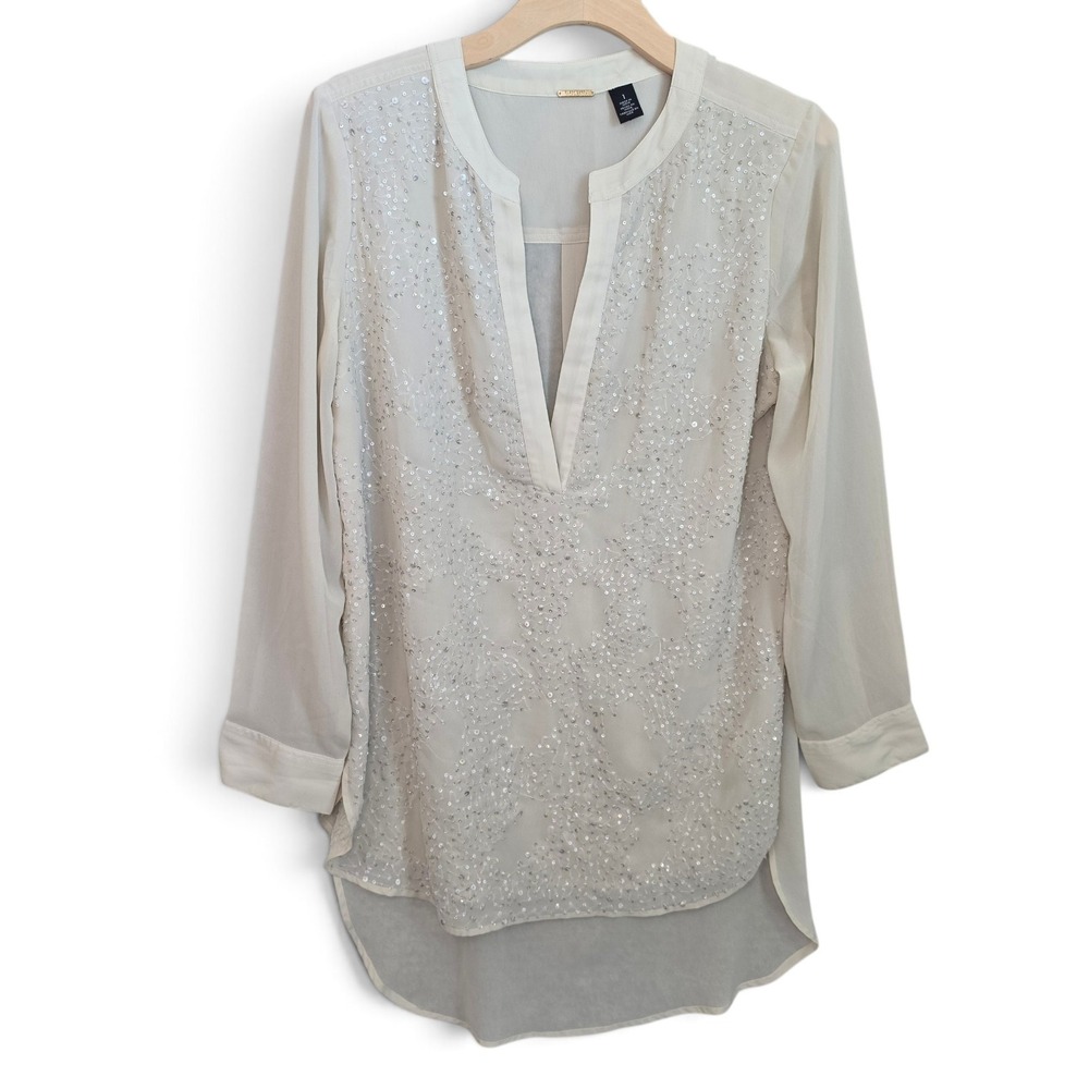 Chicos Black Label Top Size 1 M 8 Ivory Sequin Beaded Sheer Hi Low Tunic Blouse